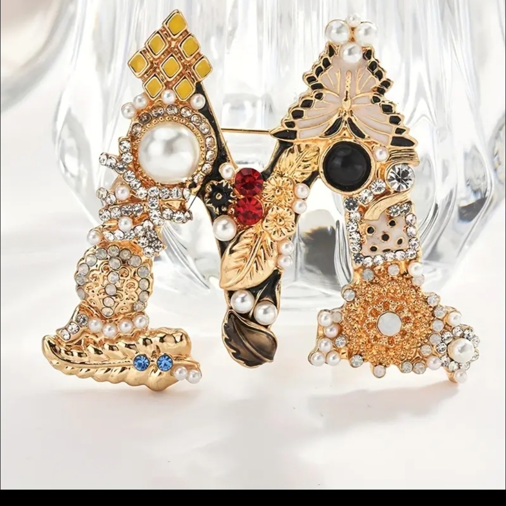 Gold and Multicolor Brooch with Pearl Accents